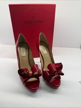 Valentino Red Patent Leather Bow Peep-Toe Pumps with Platform